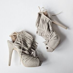 Colin Stuart Suede Fringe Lace-Up Heels Size 6B Peep Toe Stiletto Sandals